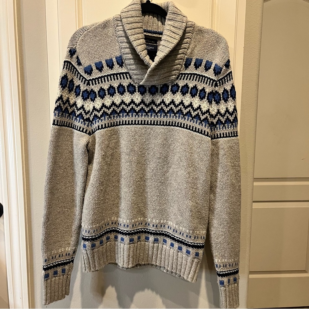 American Eagle Outfitters Mens L Fair Isle Shawl Collar Sweater Blue Gray